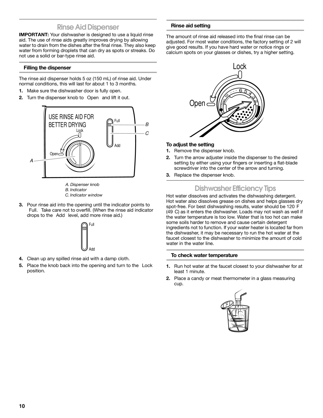 Estate TUD8750S manual Rinse Aid Dispenser, Dishwasher Efficiency Tips, Rinse aid setting, To adjust the setting 