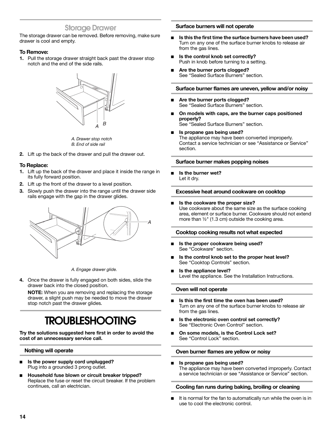 Estate W10017560 manual Troubleshooting, Storage Drawer 