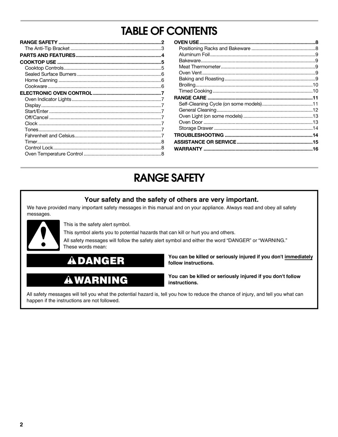 Estate W10017560 manual Table of Contents, Range Safety 