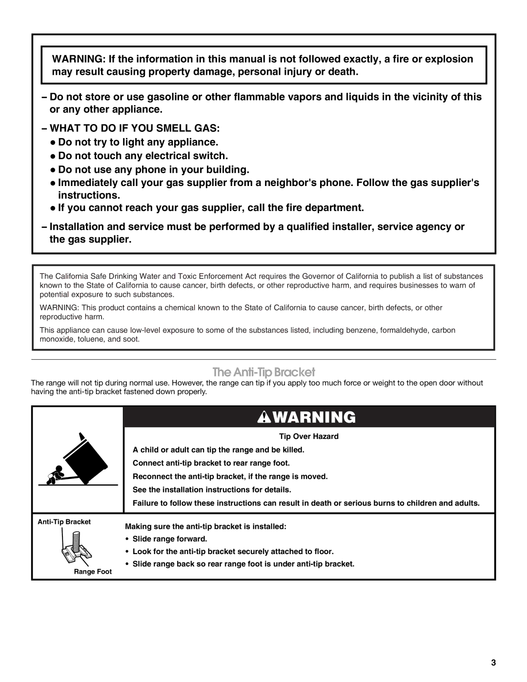 Estate W10017560 manual Anti-Tip Bracket, What to do if YOU Smell GAS 