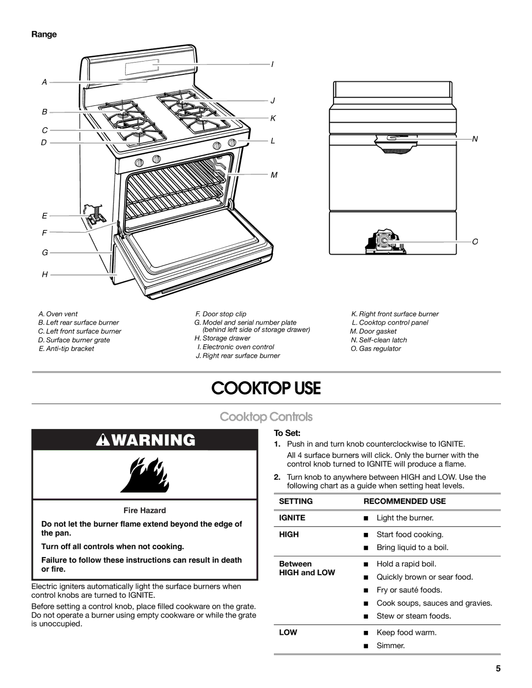 Estate W10017560 manual Cooktop USE, Cooktop Controls, Range, To Set 