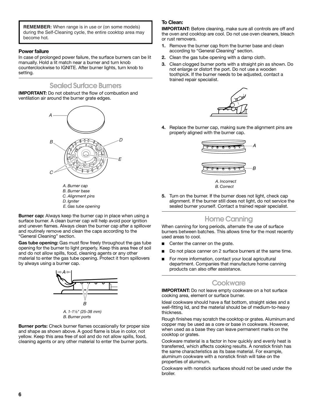 Estate W10017560 manual Sealed Surface Burners, Home Canning, Cookware, Power failure, To Clean 