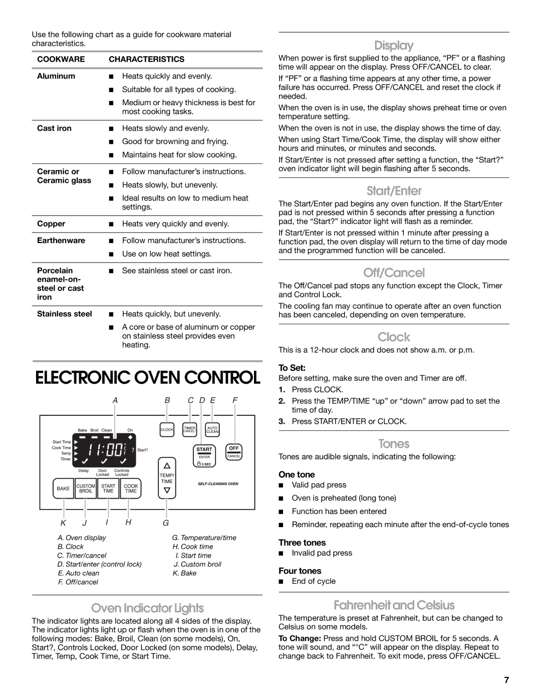 Estate W10017560 manual Oven Indicator Lights, Display, Start/Enter, Off/Cancel, Clock, Tones, Fahrenheit and Celsius 