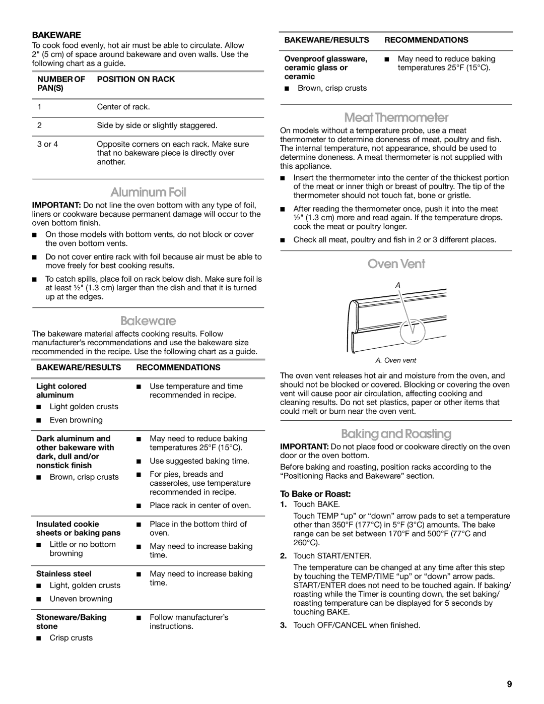 Estate W10017560 manual Aluminum Foil, Bakeware, Meat Thermometer, Oven Vent, Baking and Roasting 