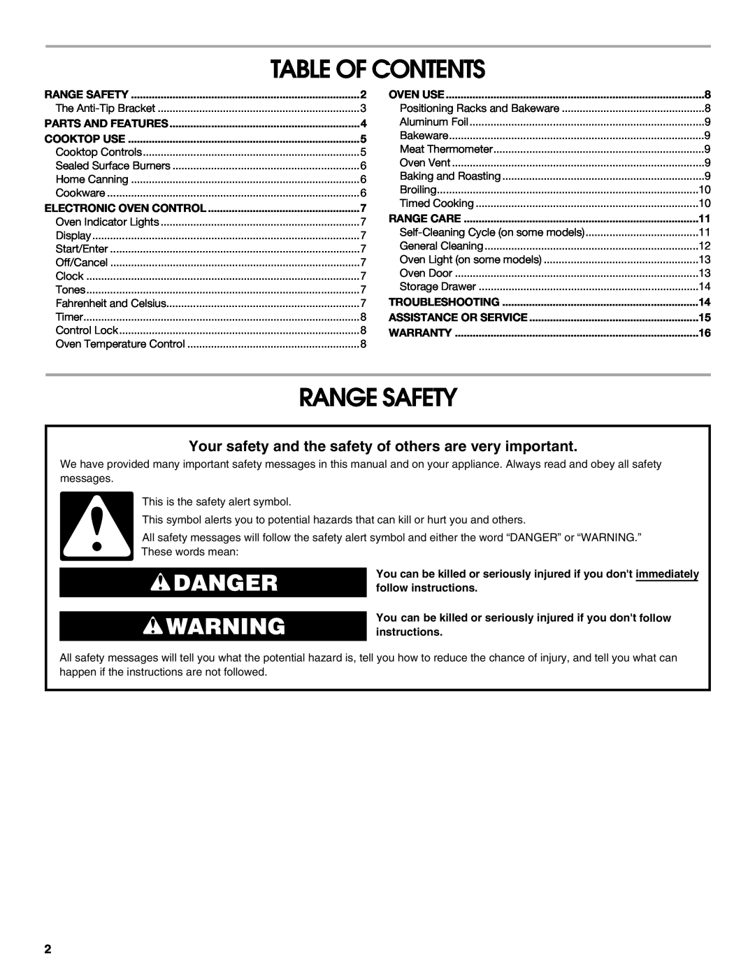 Estate W10017560 manual Table Of Contents, Range Safety, Danger 