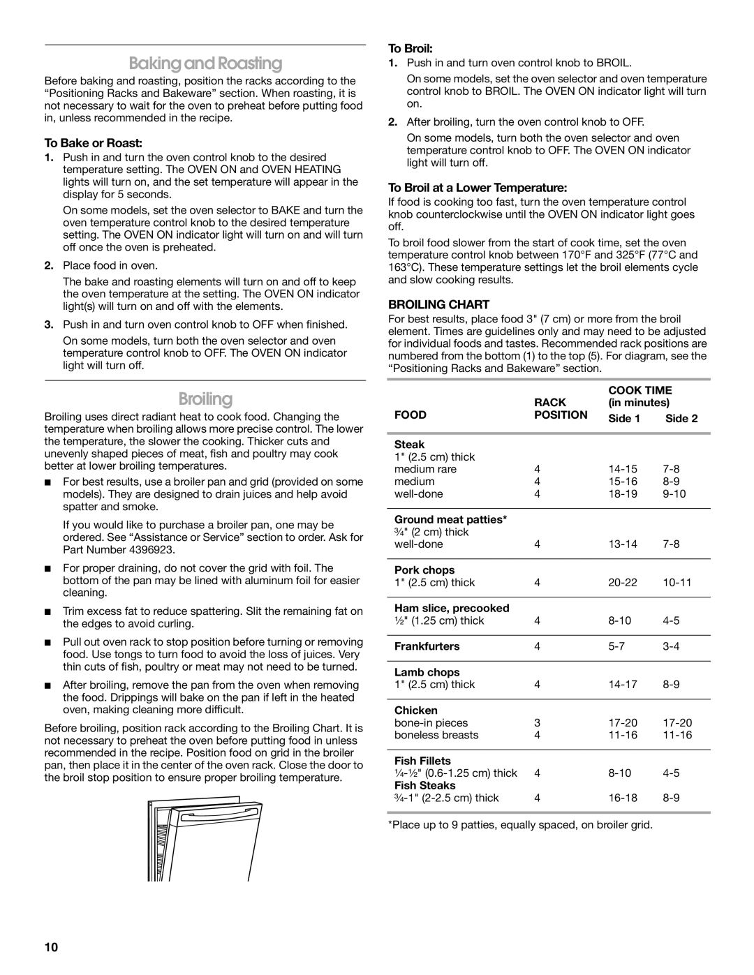 Estate W10017740 manual Baking and Roasting, Broiling Chart 