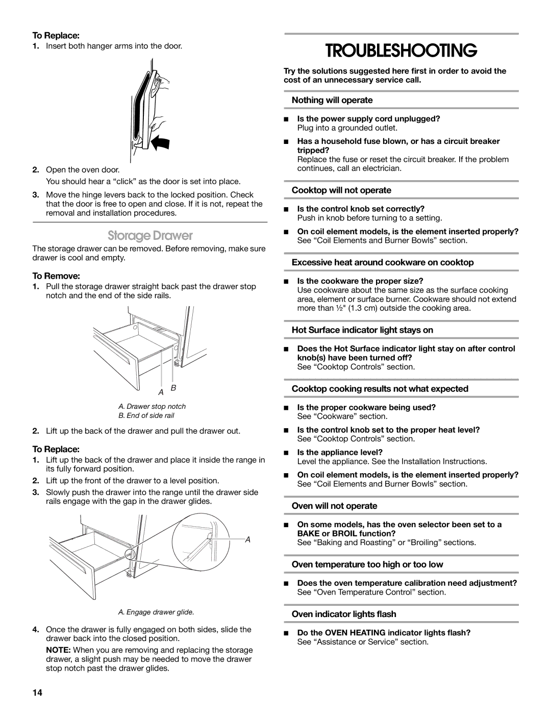 Estate W10017740 manual Troubleshooting, Storage Drawer 