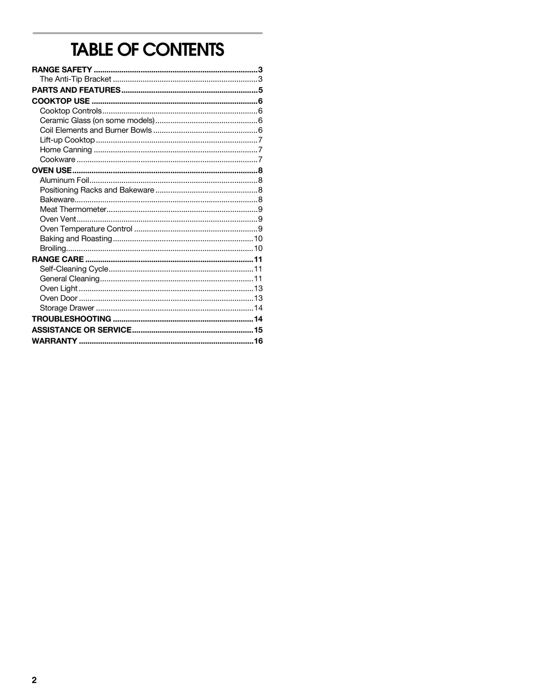 Estate W10017740 manual Table of Contents 