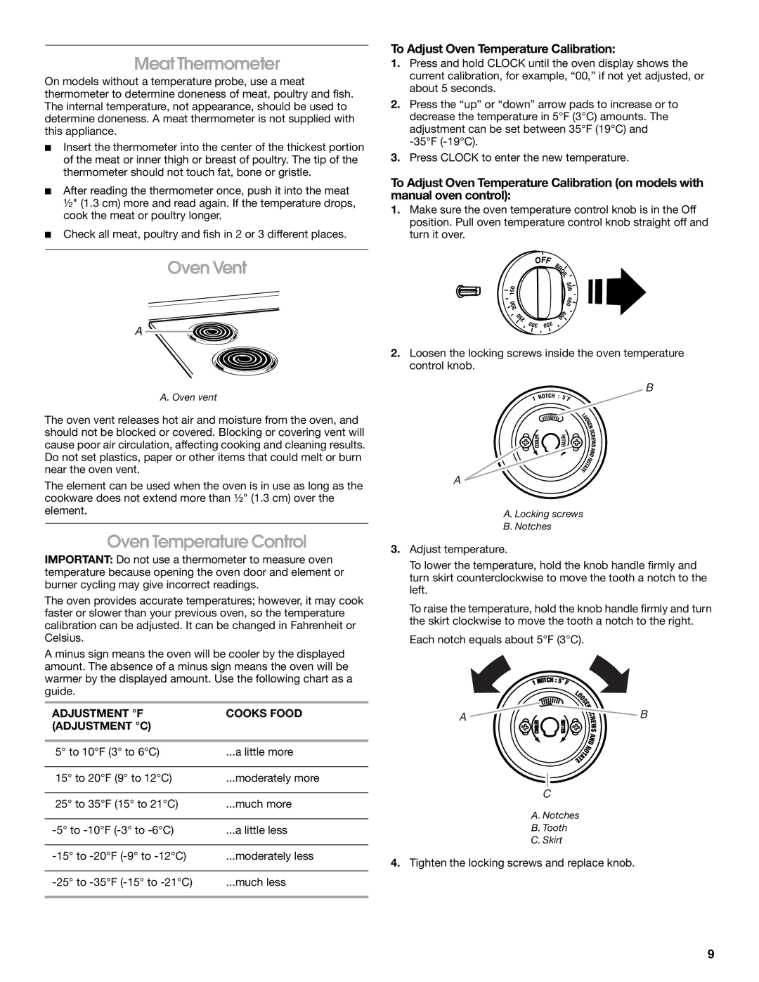 Estate W10017740 manual Meat Thermometer, Oven Vent, Oven Temperature Control, To Adjust Oven Temperature Calibration 