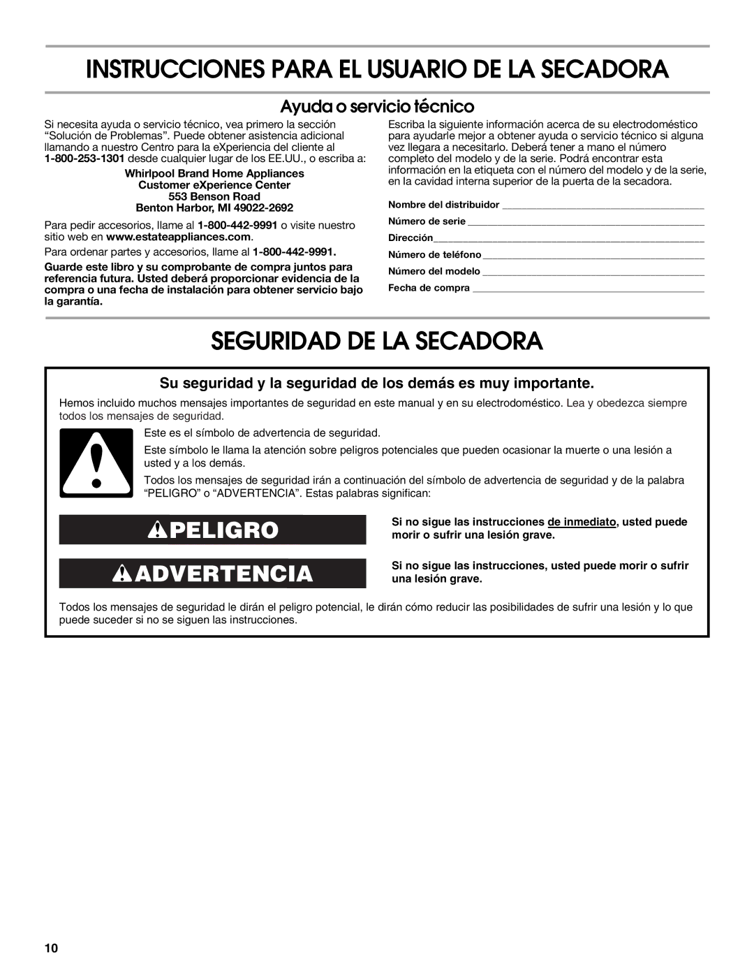 Estate W10118621A warranty Seguridad DE LA Secadora, Instrucciones Para EL Usuario DE LA Secadora 