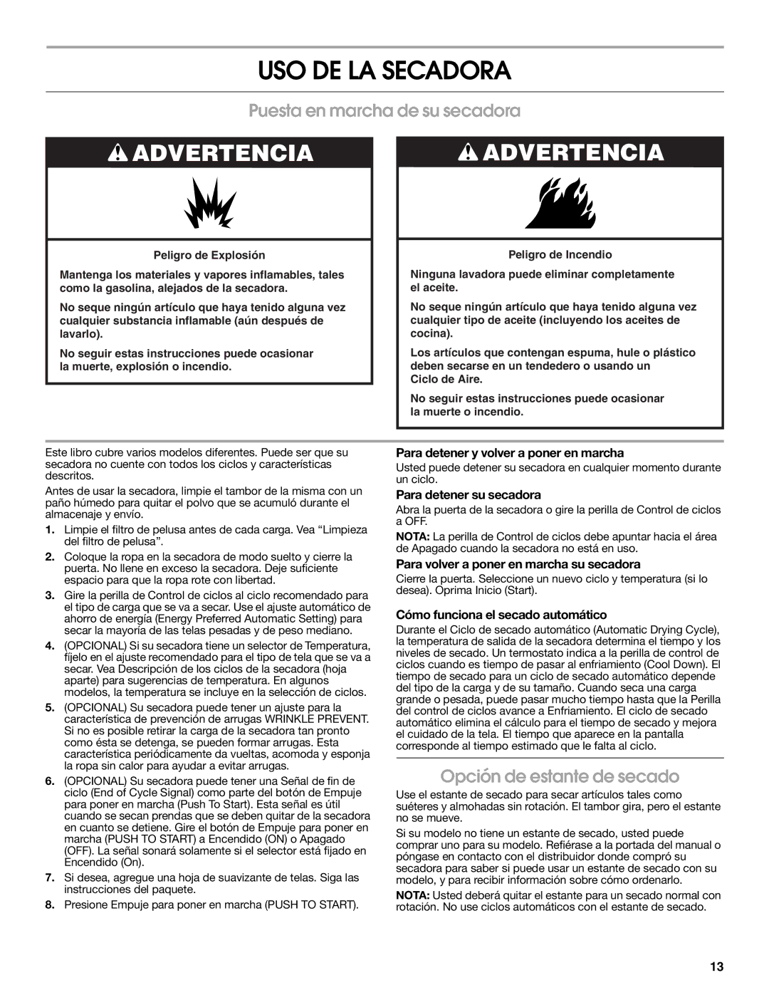 Estate W10118621A warranty USO DE LA Secadora, Puesta en marcha de su secadora, Opción de estante de secado 