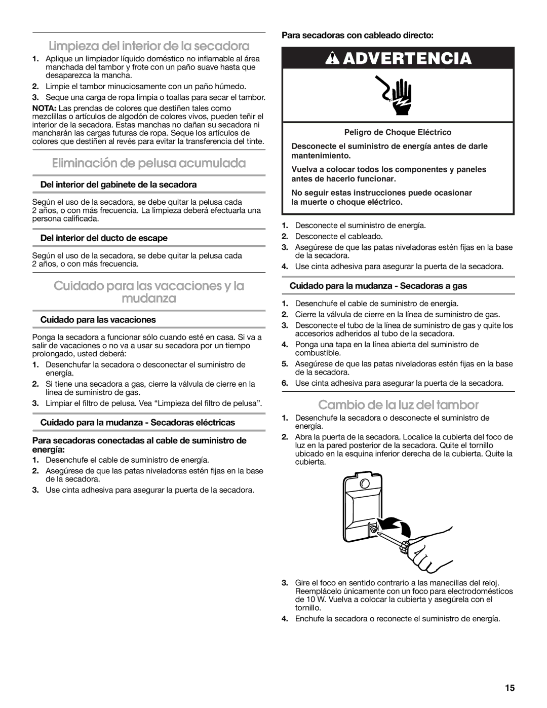 Estate W10118621A Limpieza del interior de la secadora, Eliminación de pelusa acumulada, Cambio de la luz del tambor 