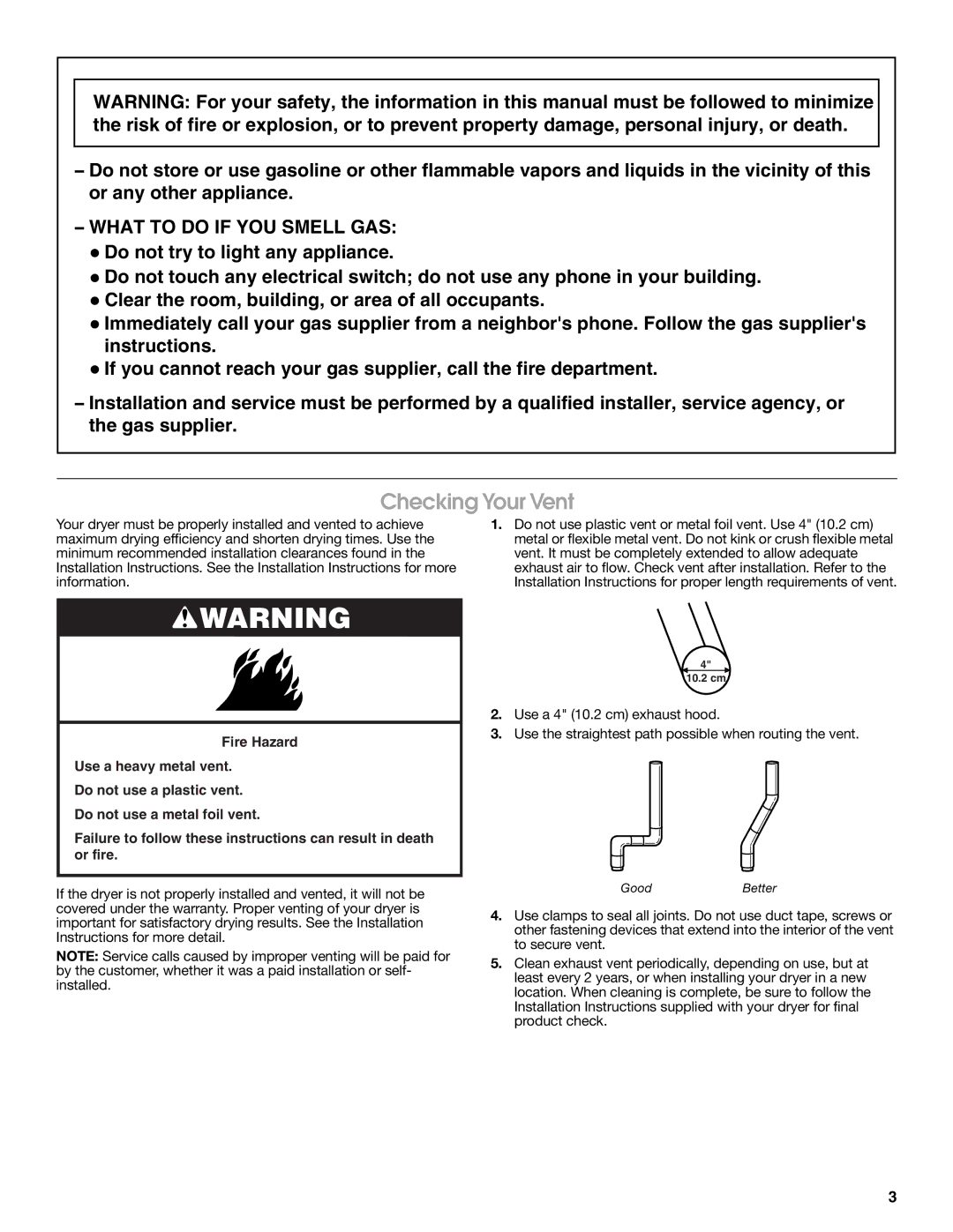 Estate W10118621A warranty Checking Your Vent, What to do if YOU Smell GAS 