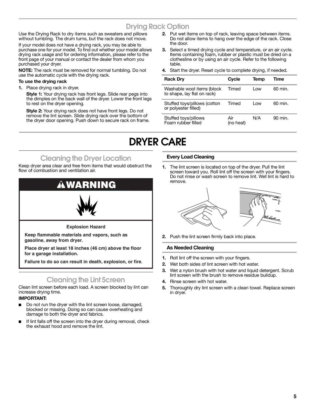 Estate W10118621A warranty Dryer Care, Drying Rack Option, Cleaning the Dryer Location, Cleaning the Lint Screen 