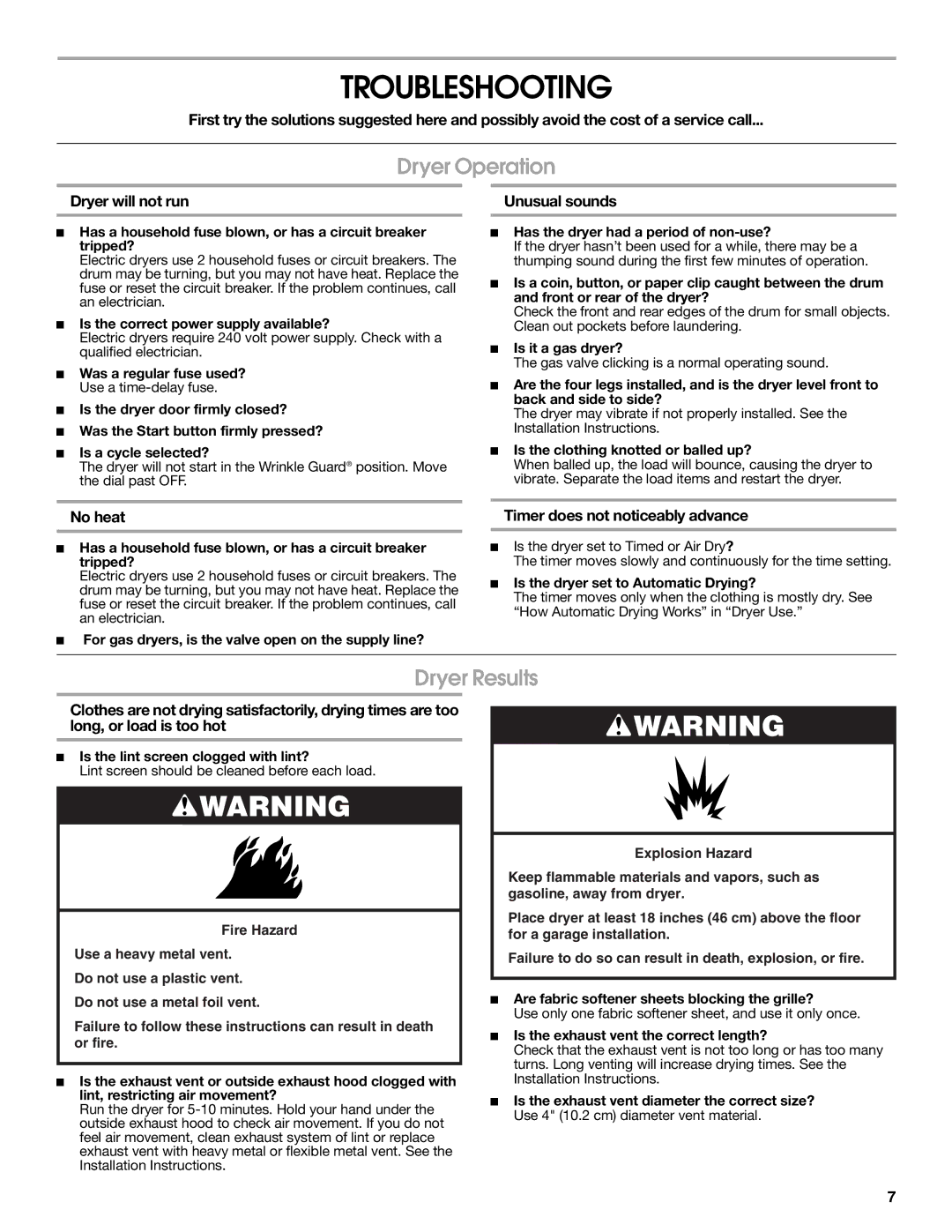 Estate W10118621A warranty Troubleshooting, Dryer Operation, Dryer Results 