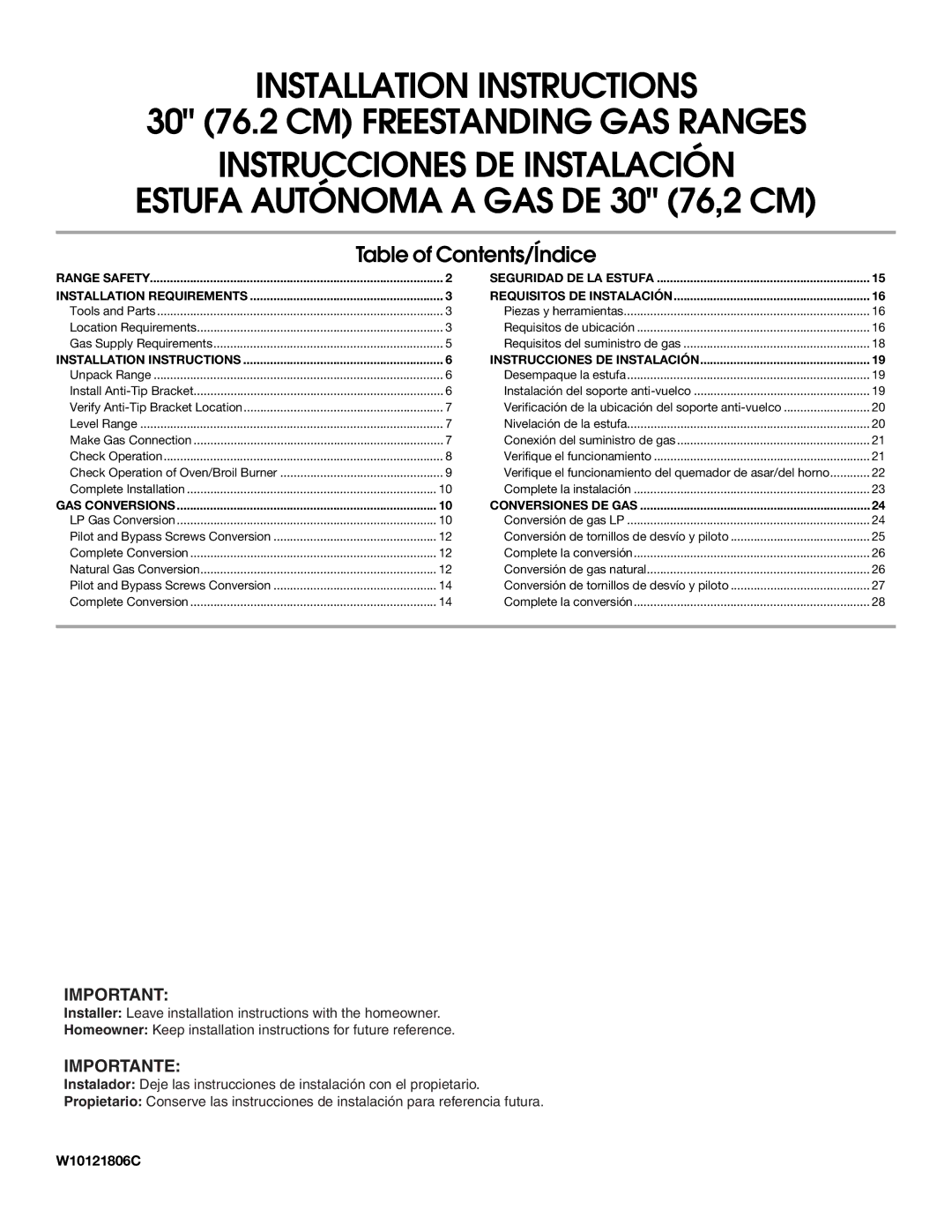 Estate W10121806C installation instructions Table of Contents/Índice 