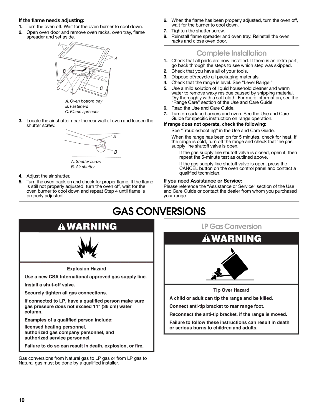 Estate W10121806C GAS Conversions, Complete Installation, LP Gas Conversion, If the flame needs adjusting 