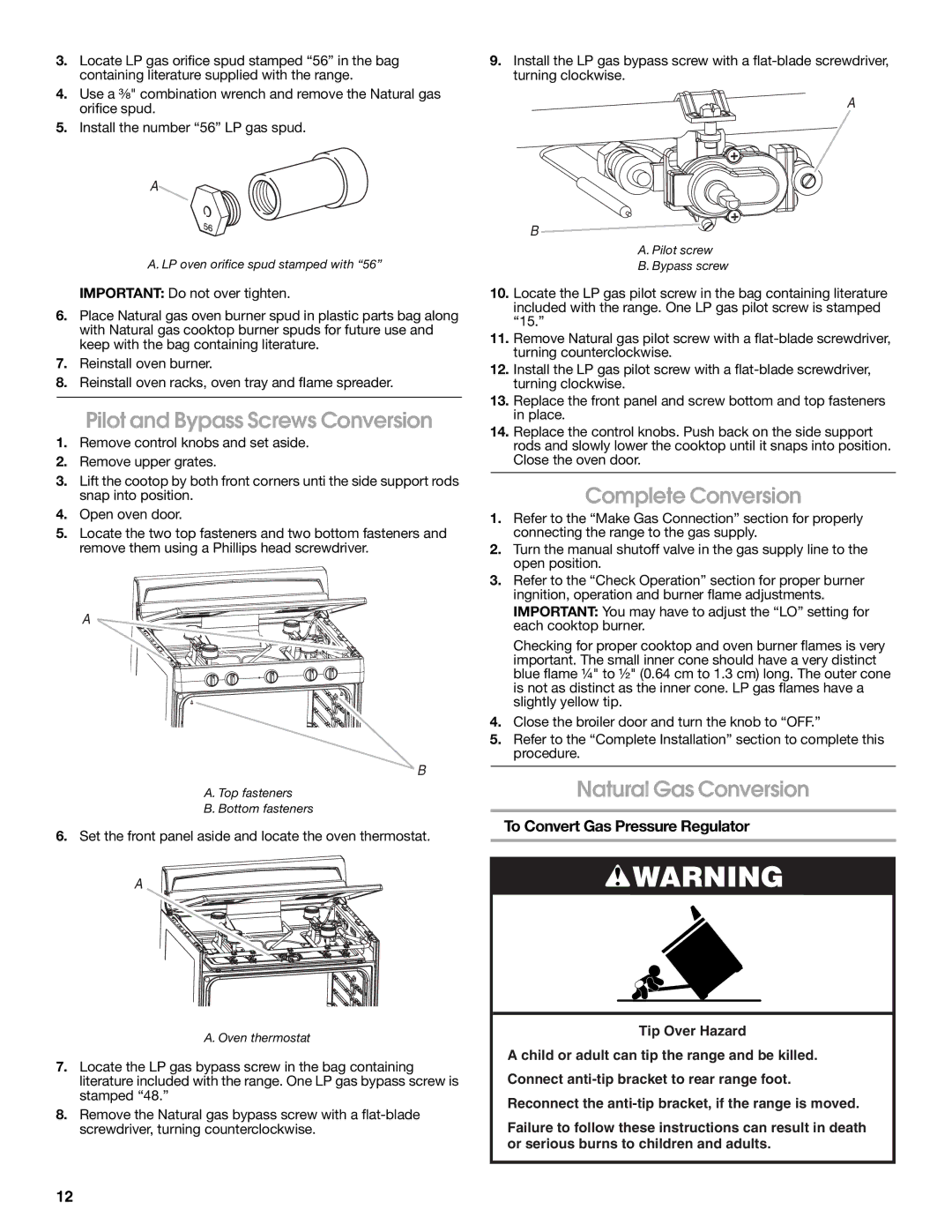 Estate W10121806C installation instructions Pilot and Bypass Screws Conversion, Complete Conversion, Natural Gas Conversion 