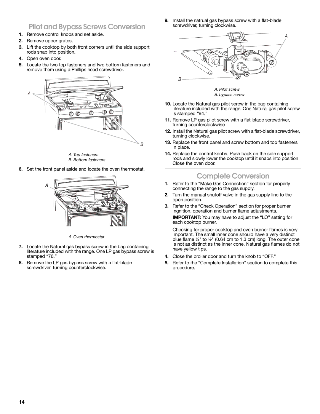 Estate W10121806C installation instructions Pilot and Bypass Screws Conversion 