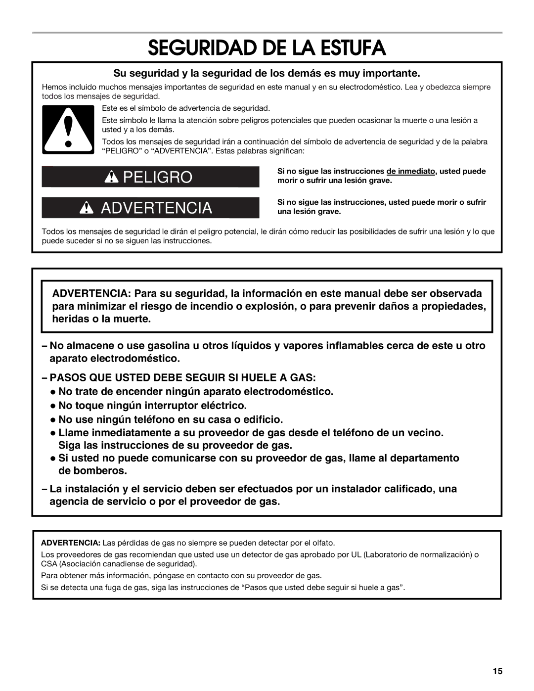 Estate W10121806C installation instructions Seguridad DE LA Estufa 