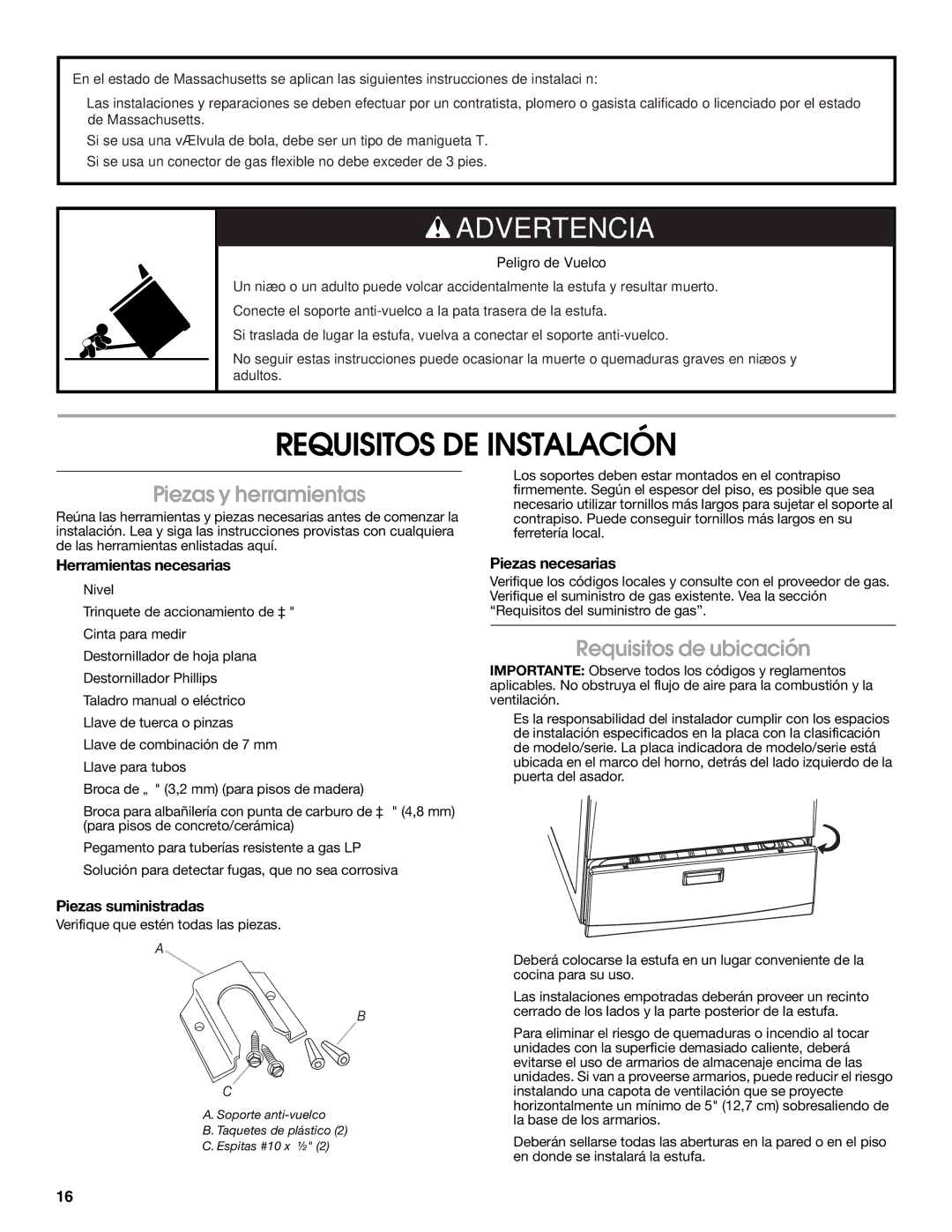 Estate W10121806C installation instructions Requisitos DE Instalación, Piezas y herramientas, Requisitos de ubicación 