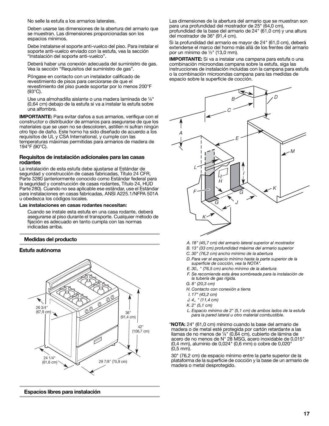 Estate W10121806C installation instructions Medidas del producto Estufa autónoma, Espacios libres para instalación 