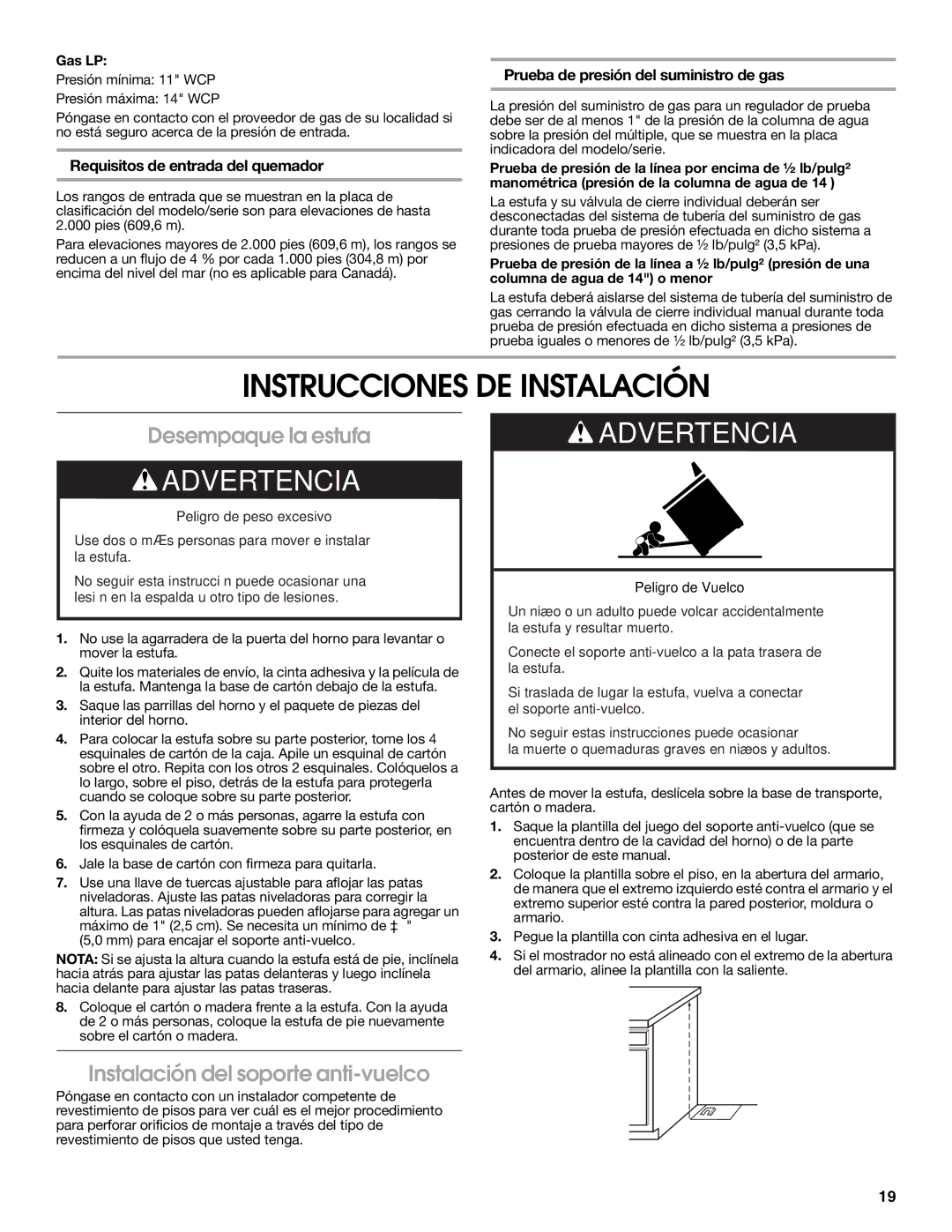 Estate W10121806C Instrucciones DE Instalación, Desempaque la estufa, Instalación del soporte anti-vuelco 