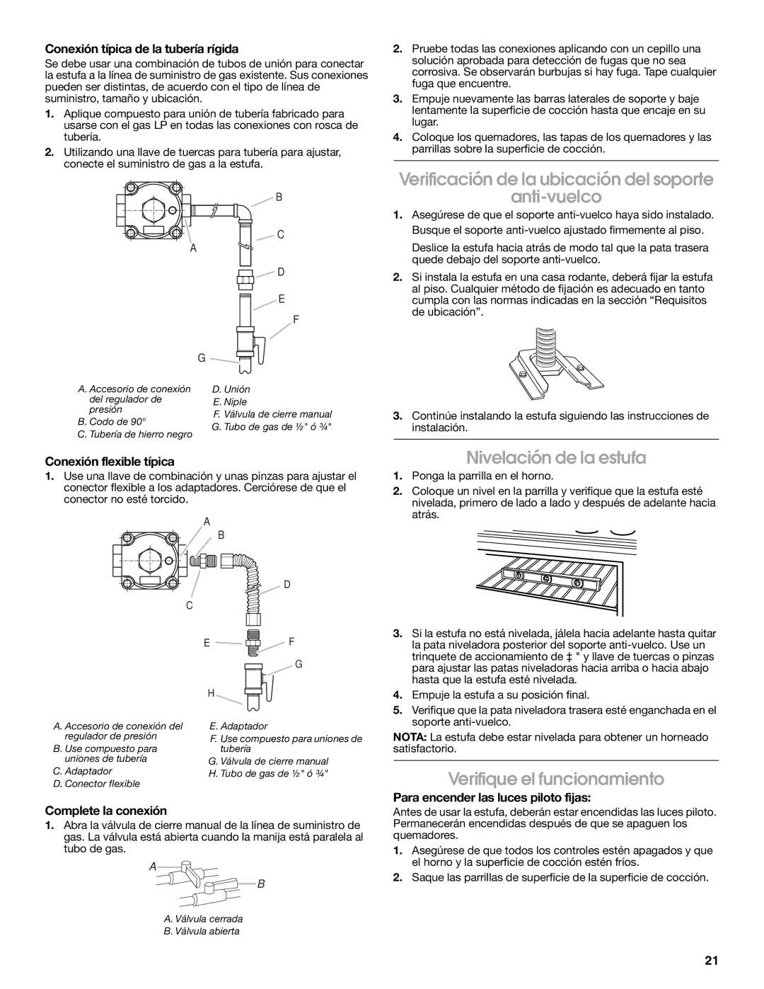 Estate W10121806C installation instructions Verificación de la ubicación del soporte Anti-vuelco, Nivelación de la estufa 