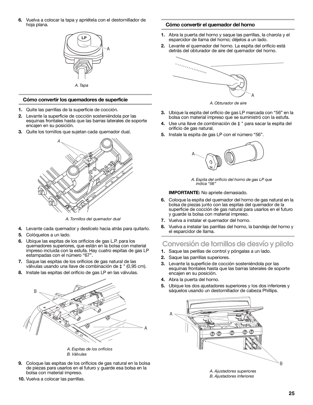 Estate W10121806C Conversión de tornillos de desvío y piloto, Cómo convertir los quemadores de superficie 