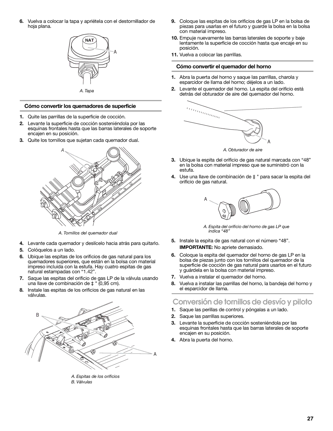 Estate W10121806C installation instructions Espitas de los orificios Válvulas Obturador de aire 