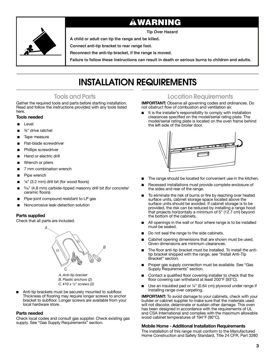 Estate W10121806C installation instructions Installation Requirements, Tools and Parts, Location Requirements 