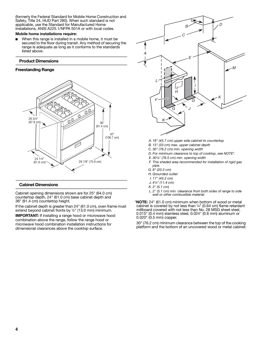 Estate W10121806C Product Dimensions Freestanding Range, Cabinet Dimensions, Mobile home installations require 