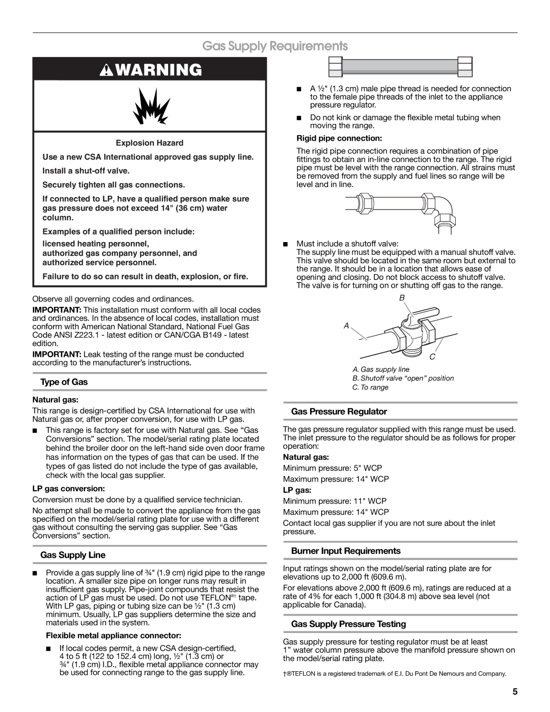 Estate W10121806C installation instructions Gas Supply Requirements 