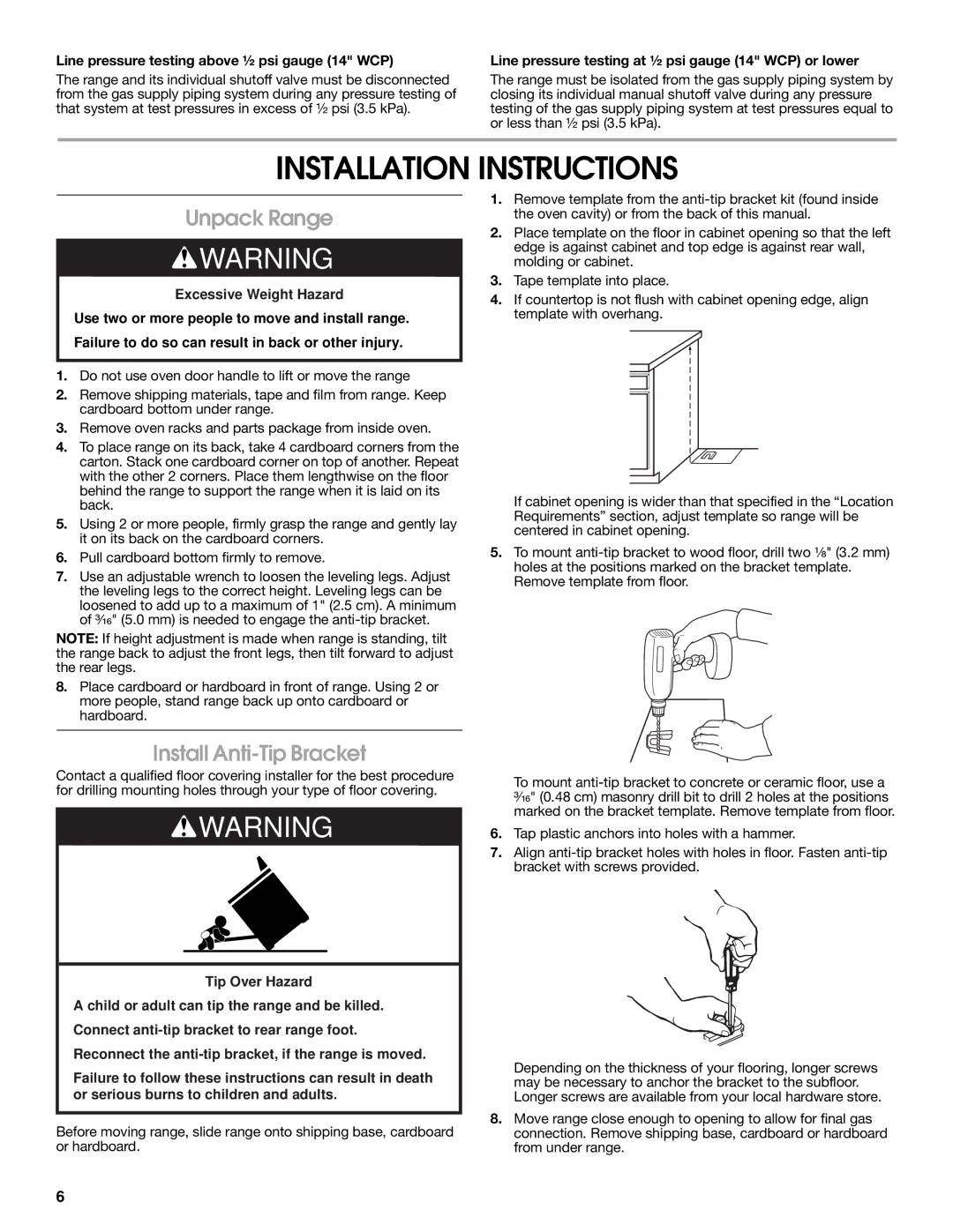 Estate W10121806C installation instructions Installation Instructions, Unpack Range, Install Anti-Tip Bracket 