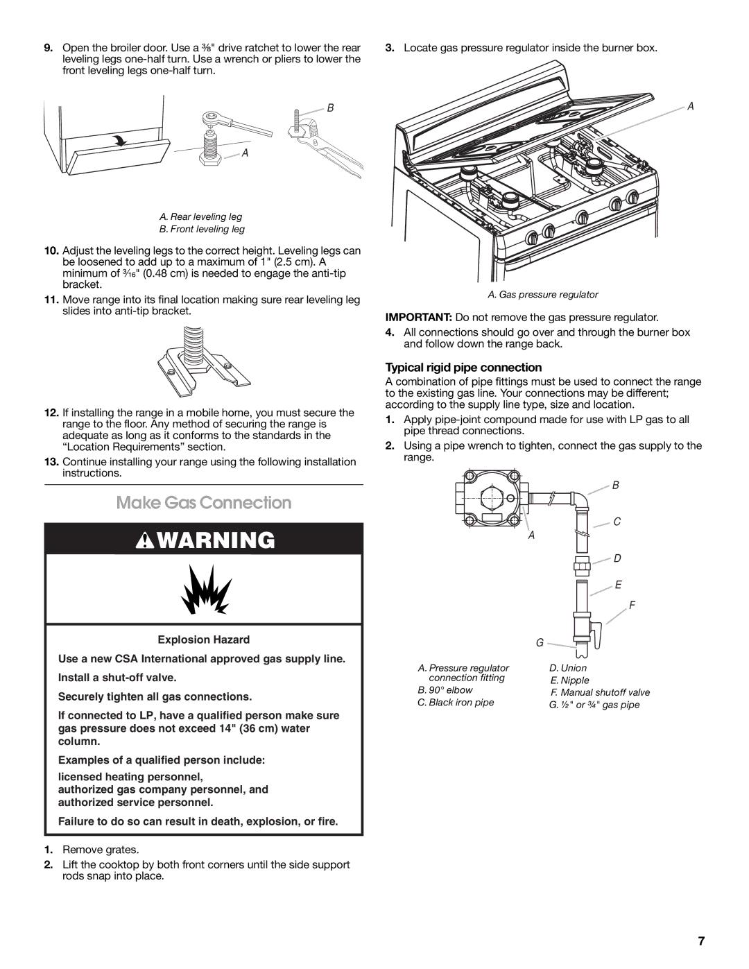 Estate W10121806C installation instructions Make Gas Connection, Typical rigid pipe connection 