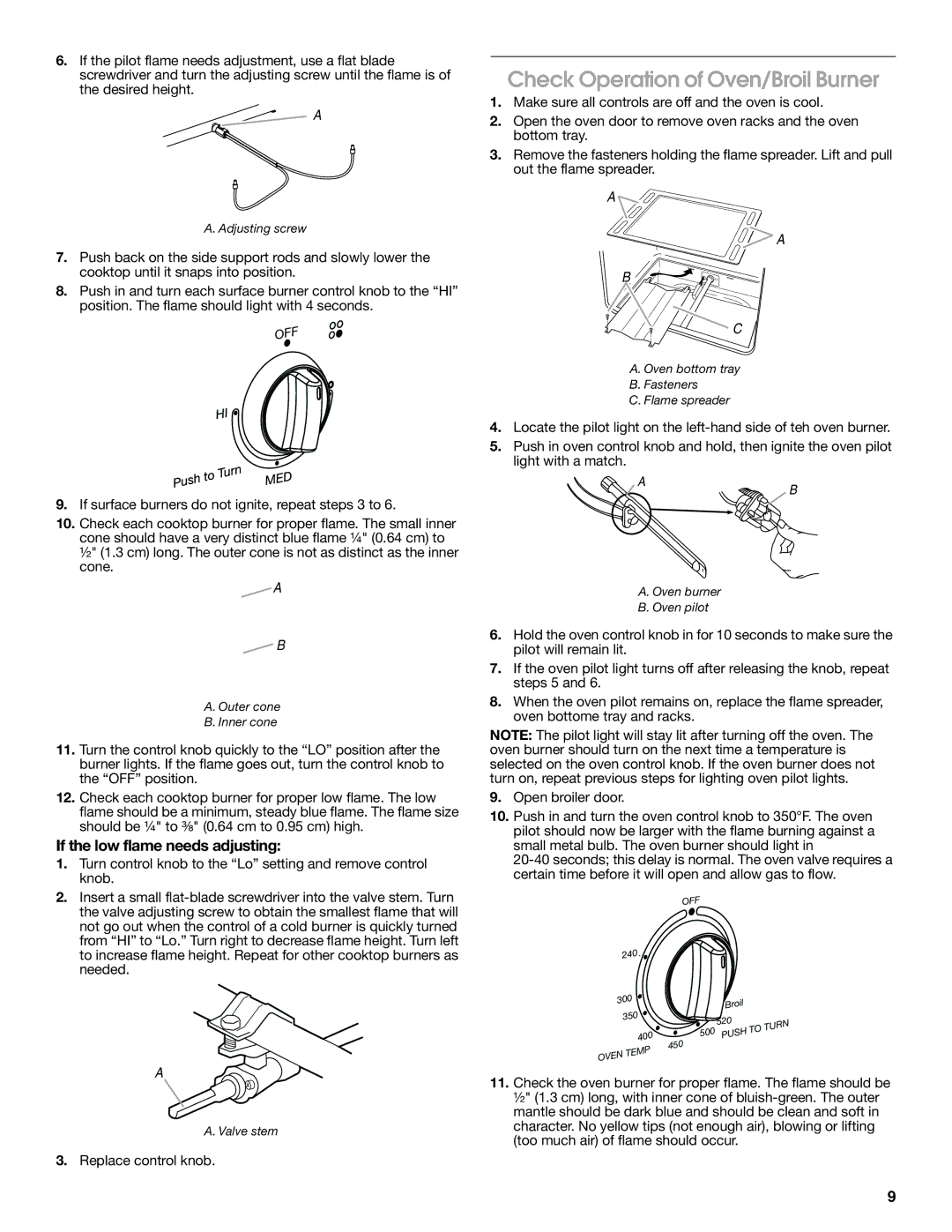 Estate W10121806C installation instructions Check Operation of Oven/Broil Burner, If the low flame needs adjusting 