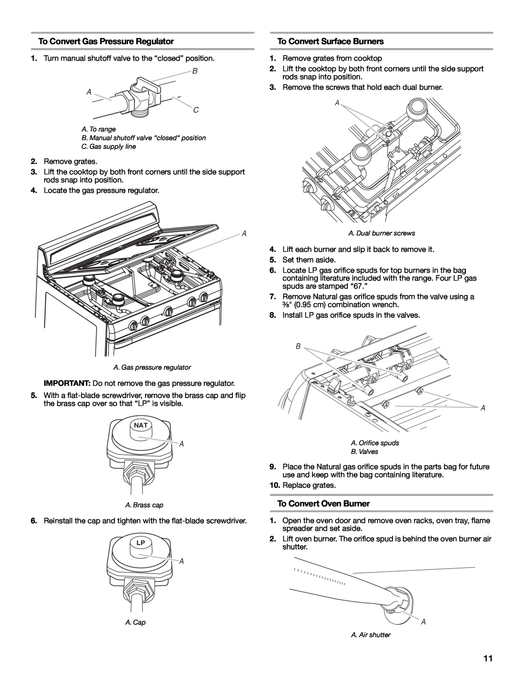 Estate W10121806C To Convert Gas Pressure Regulator, To Convert Surface Burners, To Convert Oven Burner, B A C 
