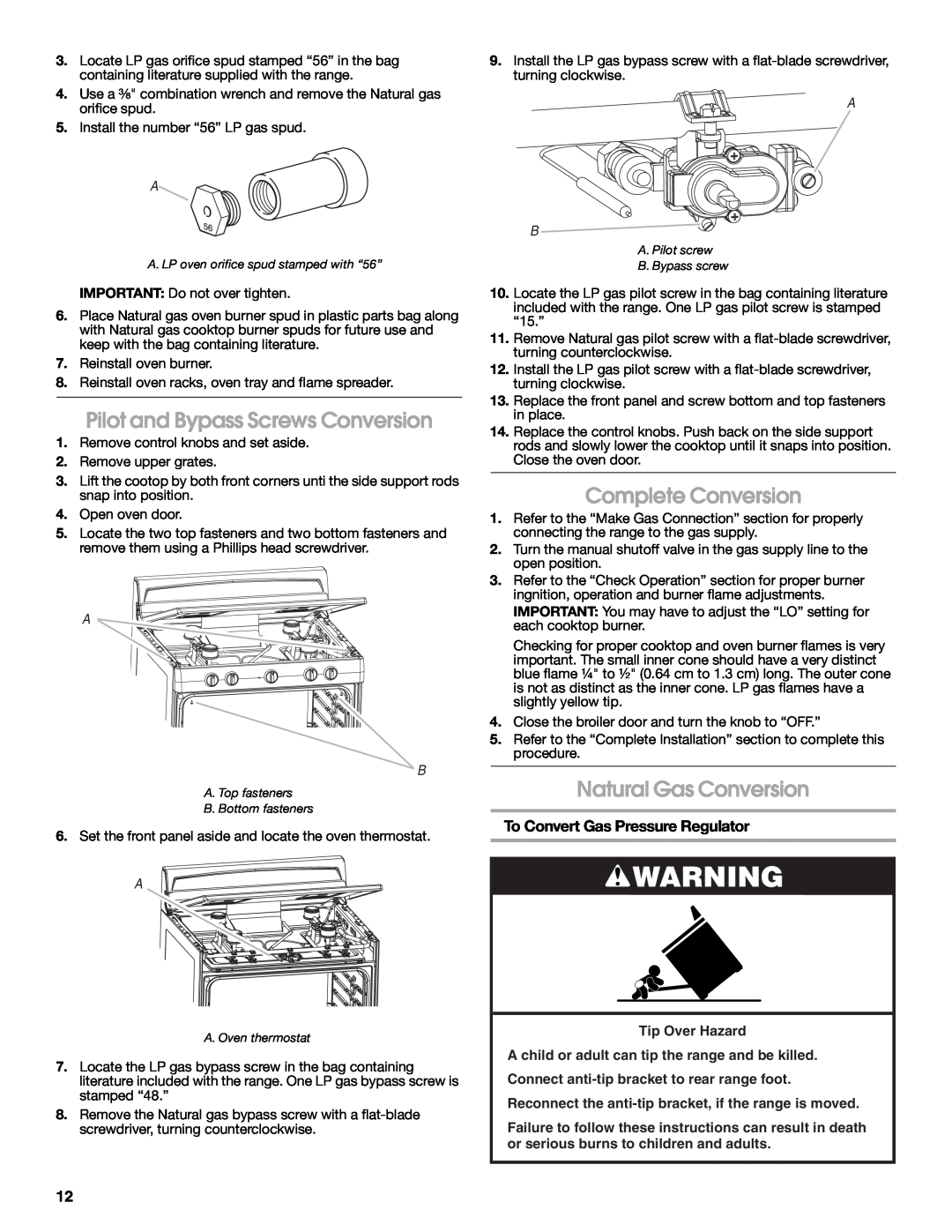 Estate W10121806C installation instructions Pilot and Bypass Screws Conversion, Complete Conversion, Natural Gas Conversion 