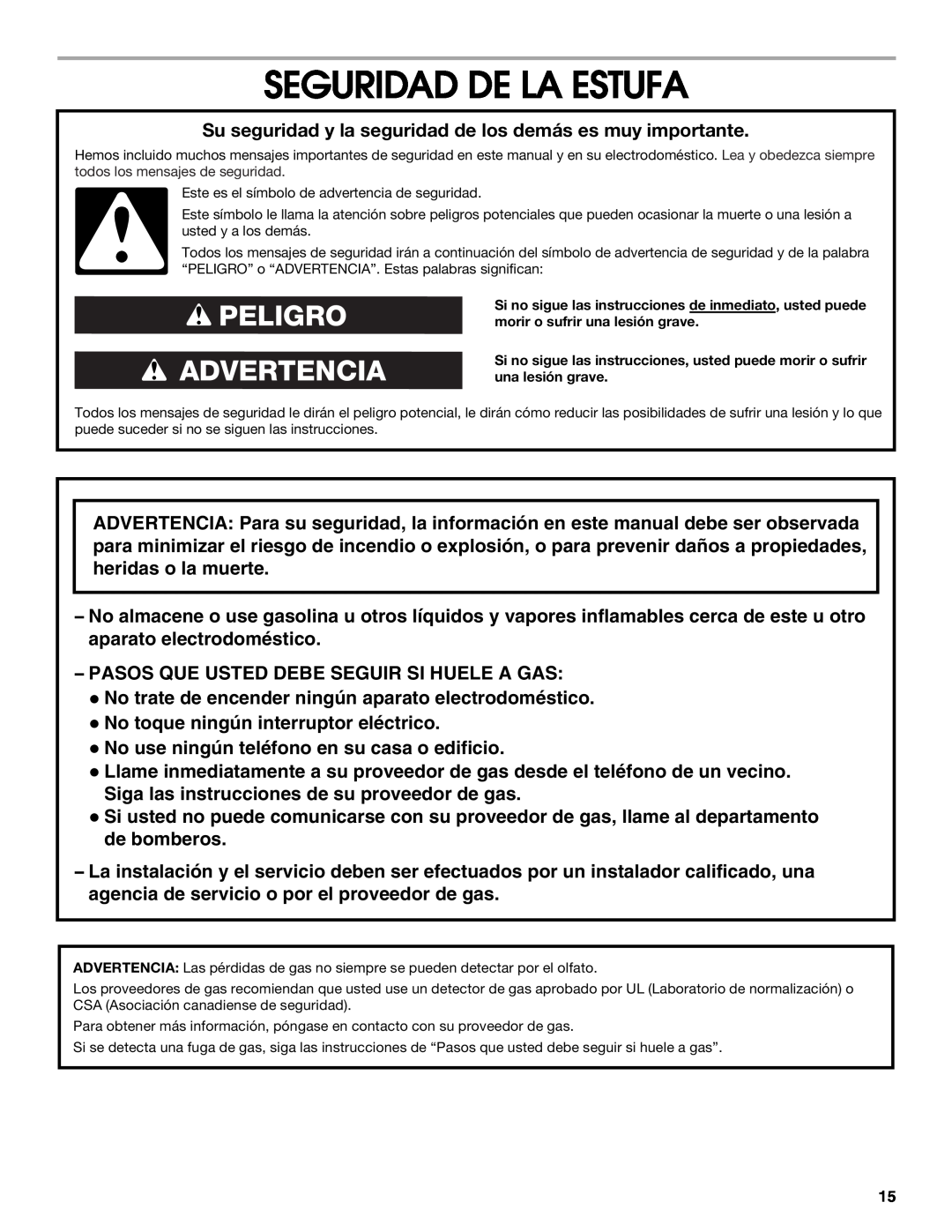 Estate W10121806C installation instructions Seguridad De La Estufa, Peligro Advertencia 