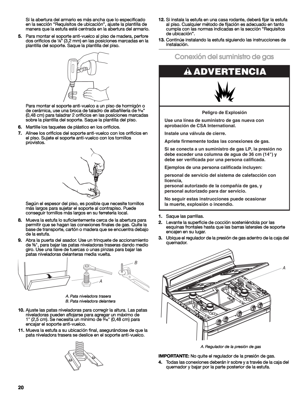 Estate W10121806C installation instructions Conexión del suministro de gas, Advertencia 