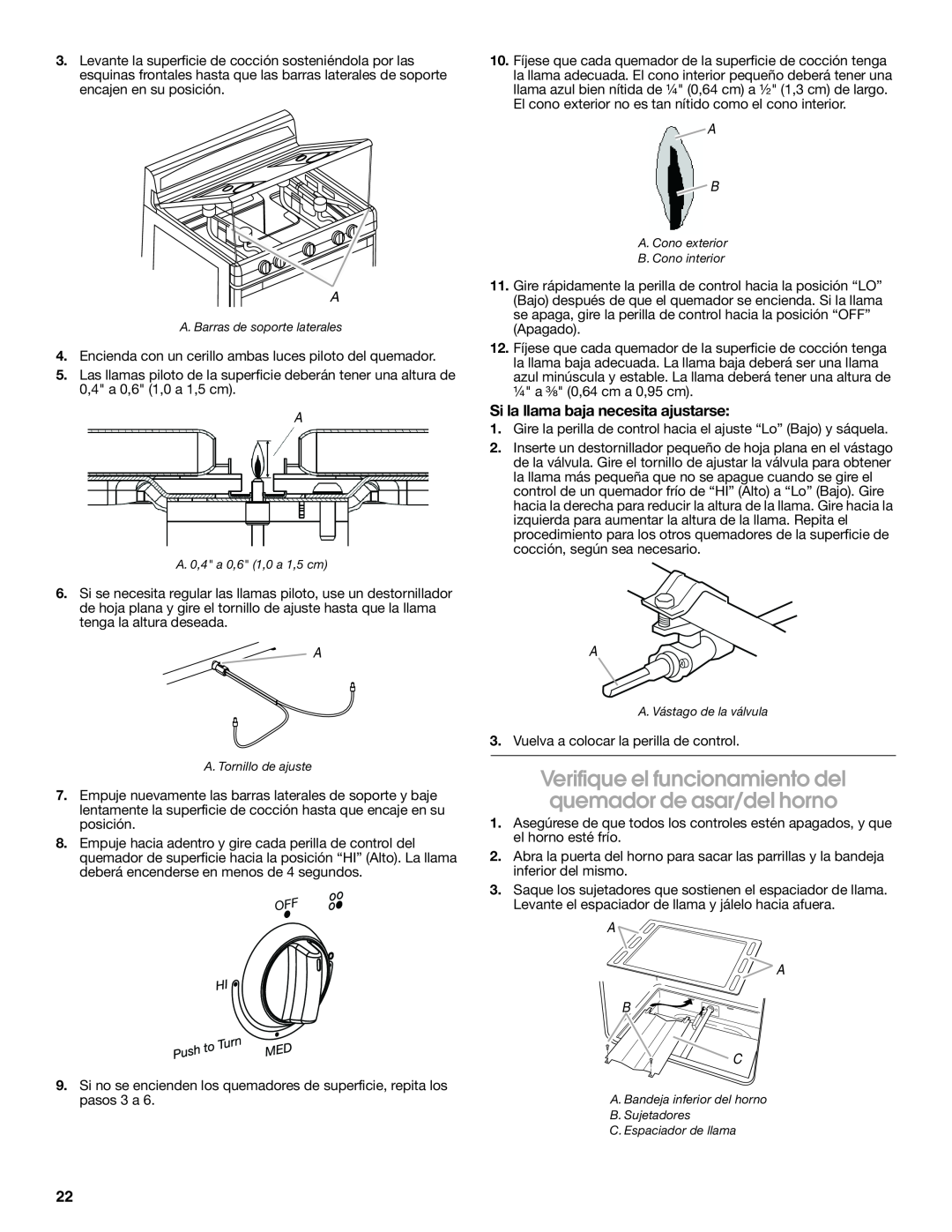 Estate W10121806C installation instructions Si la llama baja necesita ajustarse, A A B C 