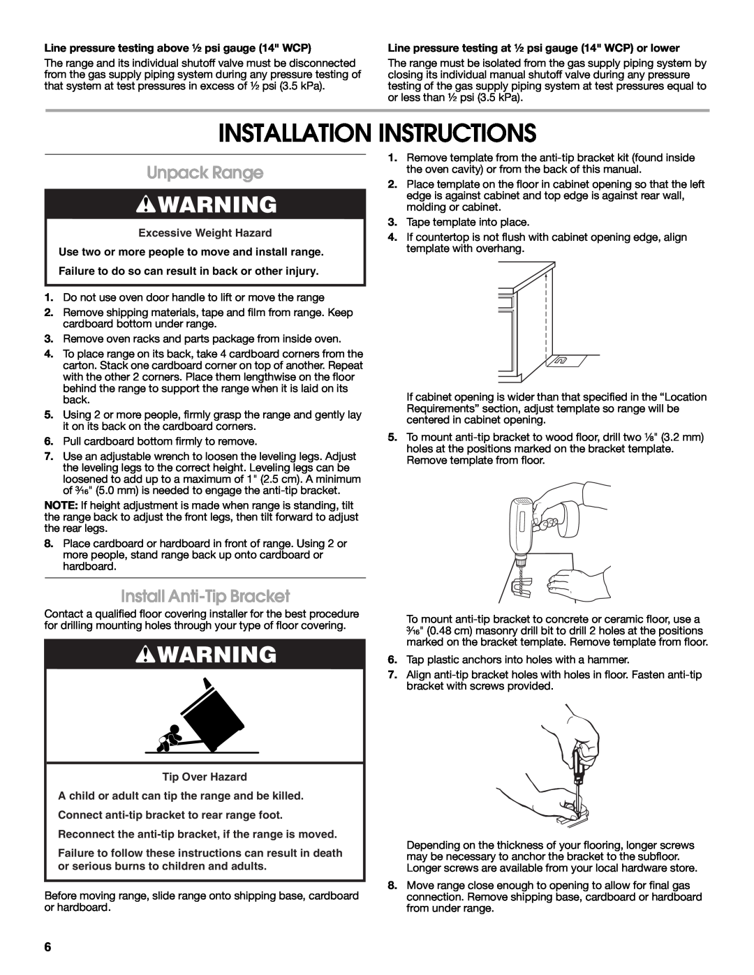 Estate W10121806C installation instructions Installation Instructions, Unpack Range, Install Anti-TipBracket 