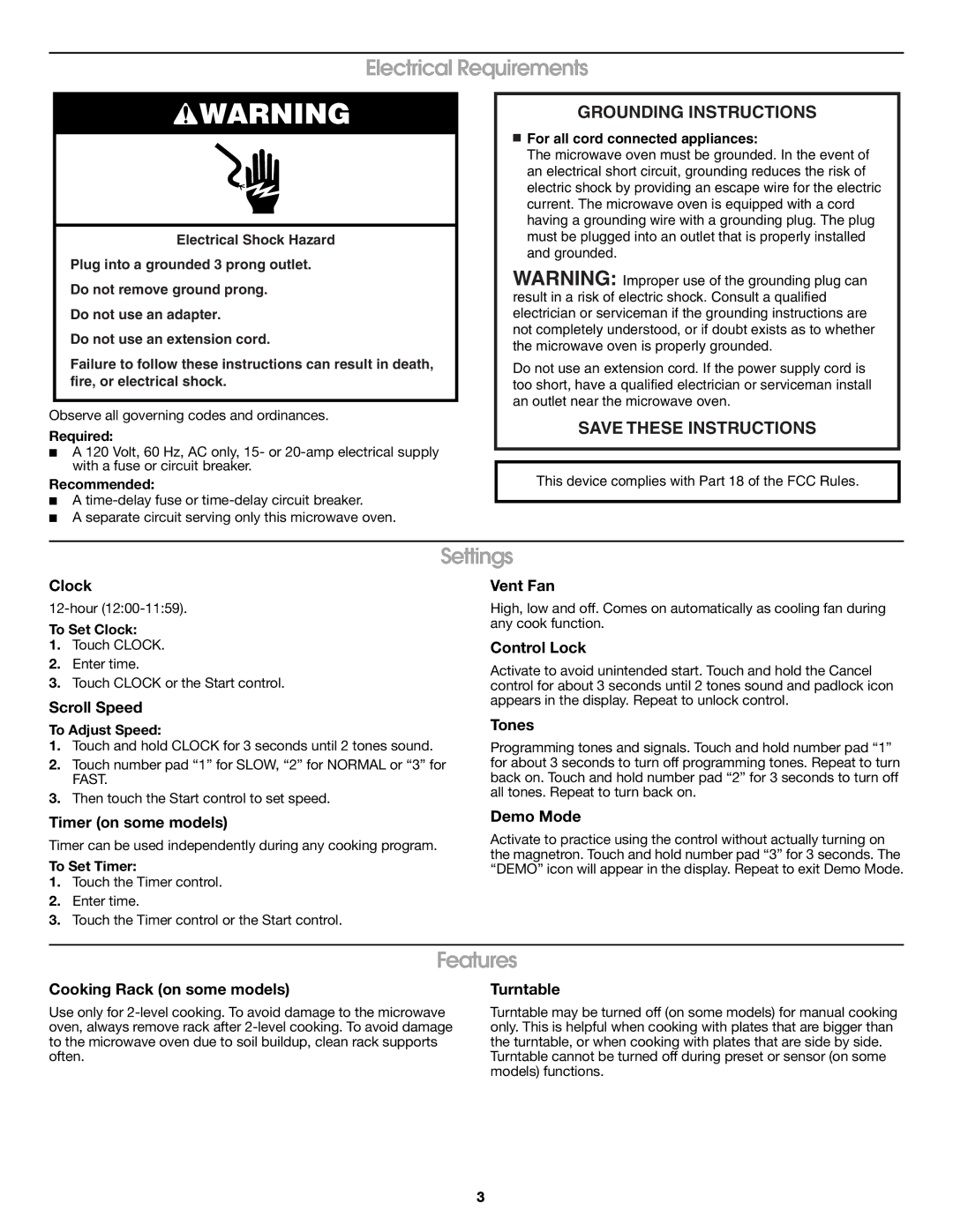 Estate W10131995A important safety instructions Electrical Requirements, Settings, Features 