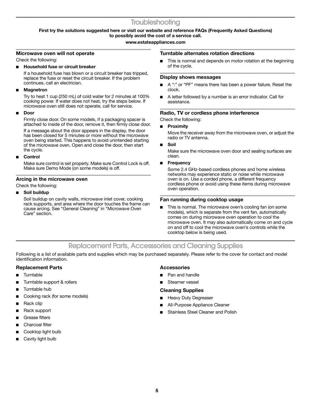 Estate W10131995A important safety instructions Troubleshooting, Replacement Parts, Accesssories and Cleaning Supplies 