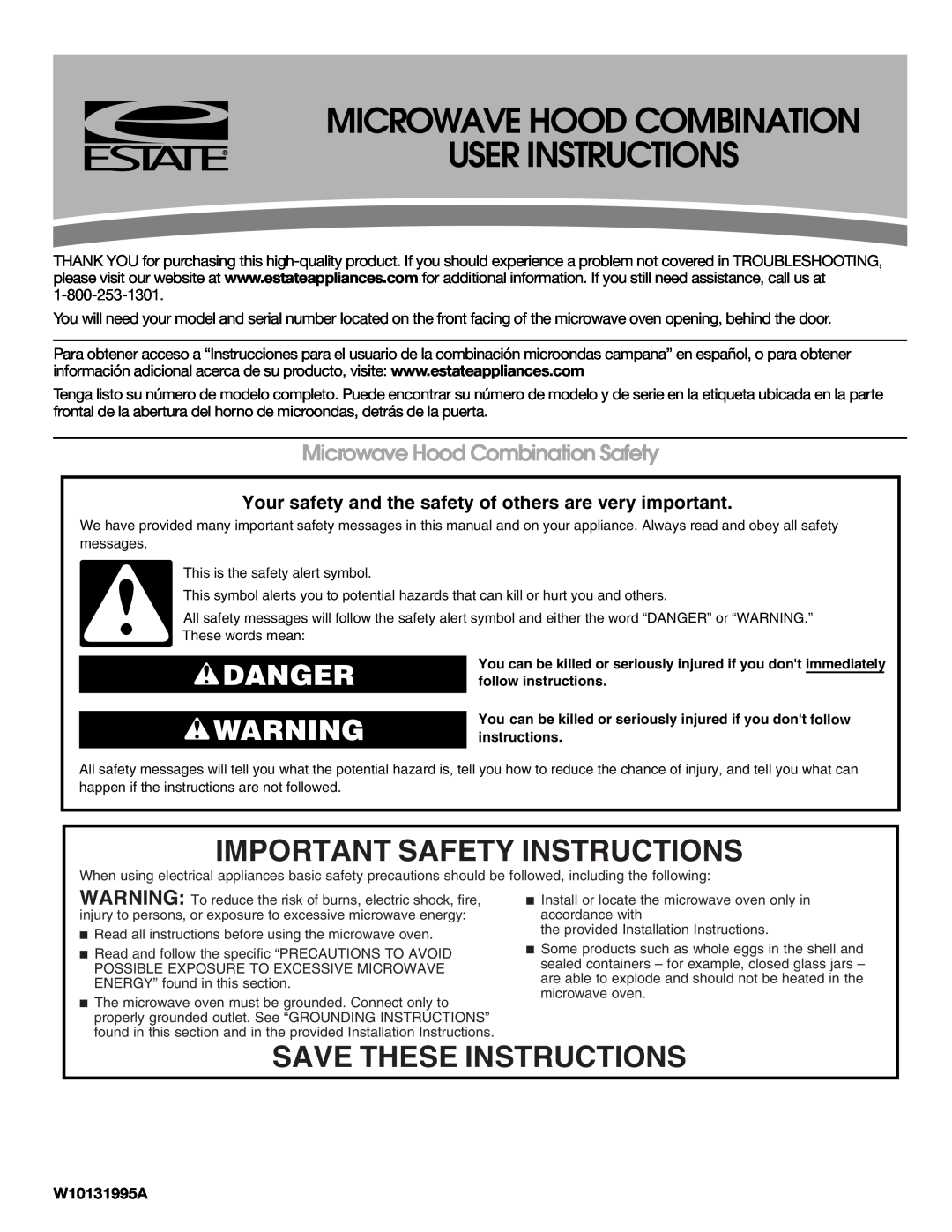 Estate W10131995A important safety instructions Important Safety Instructions, Save These Instructions, Danger 