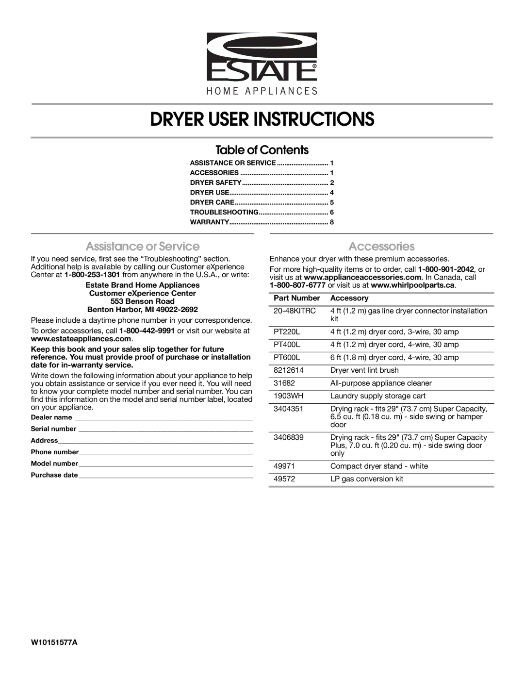 Estate W10151577A warranty Dryer User Instructions 