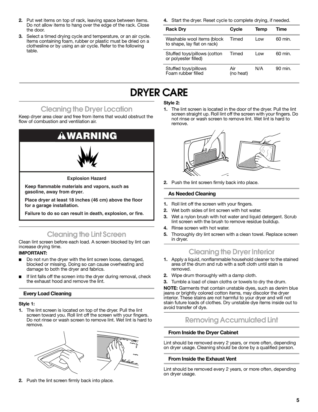 Estate W10151577A warranty Dryer Care, Cleaning the Dryer Location, Cleaning the Lint Screen, Cleaning the Dryer Interior 