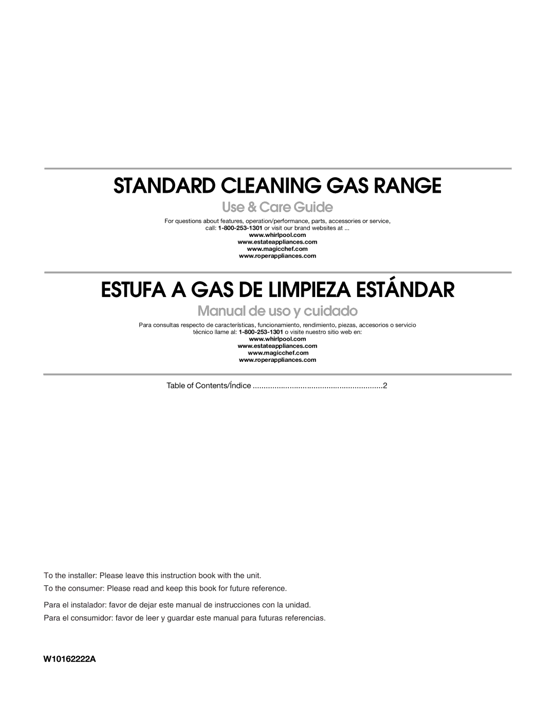 Estate W10162222A manual Standard Cleaning GAS Range 