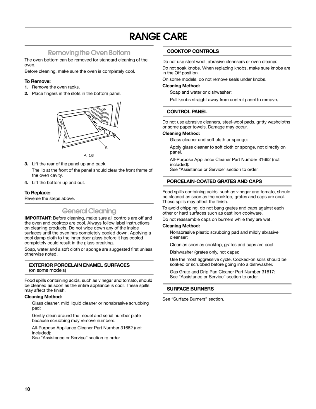 Estate W10162222A manual Range Care, Removing the Oven Bottom, General Cleaning 