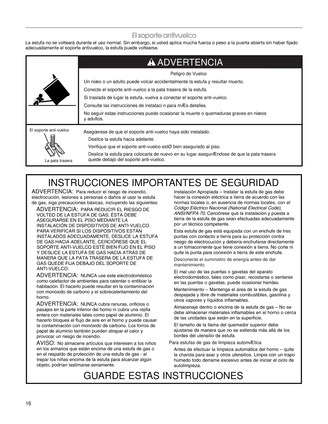 Estate W10162222A manual Advertencia, El soporte antivuelco 